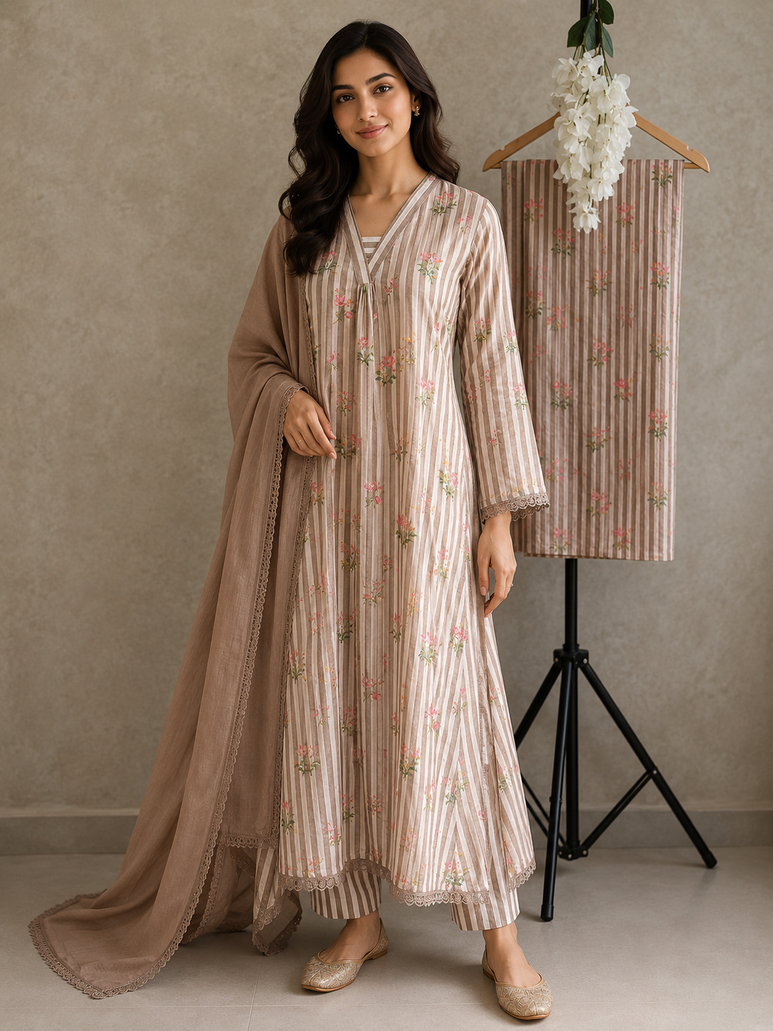 Chanderi stripes with floral printed Salwar set