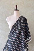 Black Mughal Chanderi fabric featuring floral prints and traditional-inspired patterns.