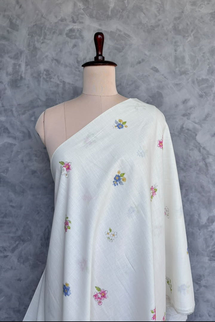 OFF WHITE AND COTTON AND MULTI COLOUR FLORAL PRINTED FABRIC #FBRC