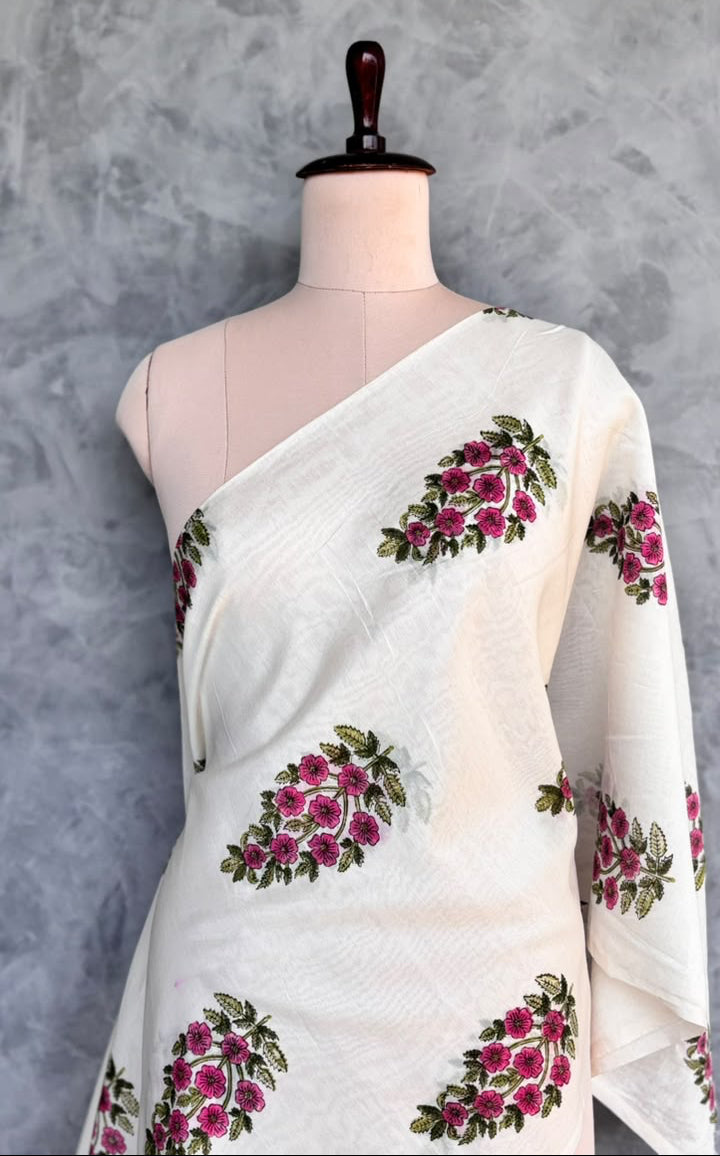 IVORY WHITE CHANDERI FLORAL PRINTED FABRIC #FBRC