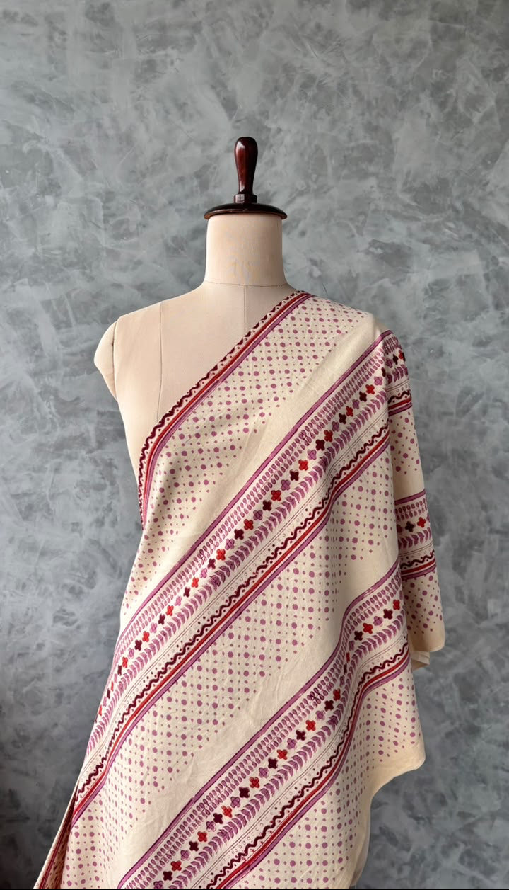 CREAM-MAROON AND PINK JAIPUR RAPID COTTON BLOCK PRINTED FABRIC