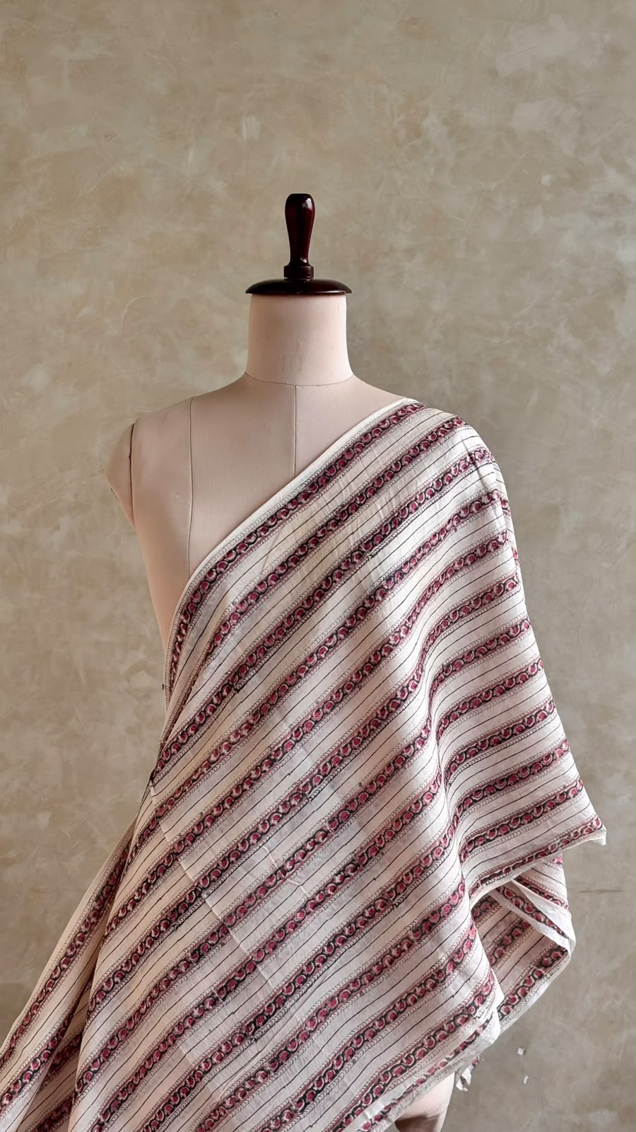 IVORY AND RICH MAROON CHANDERI STRIPES FLORAL PRINTED FABRIC