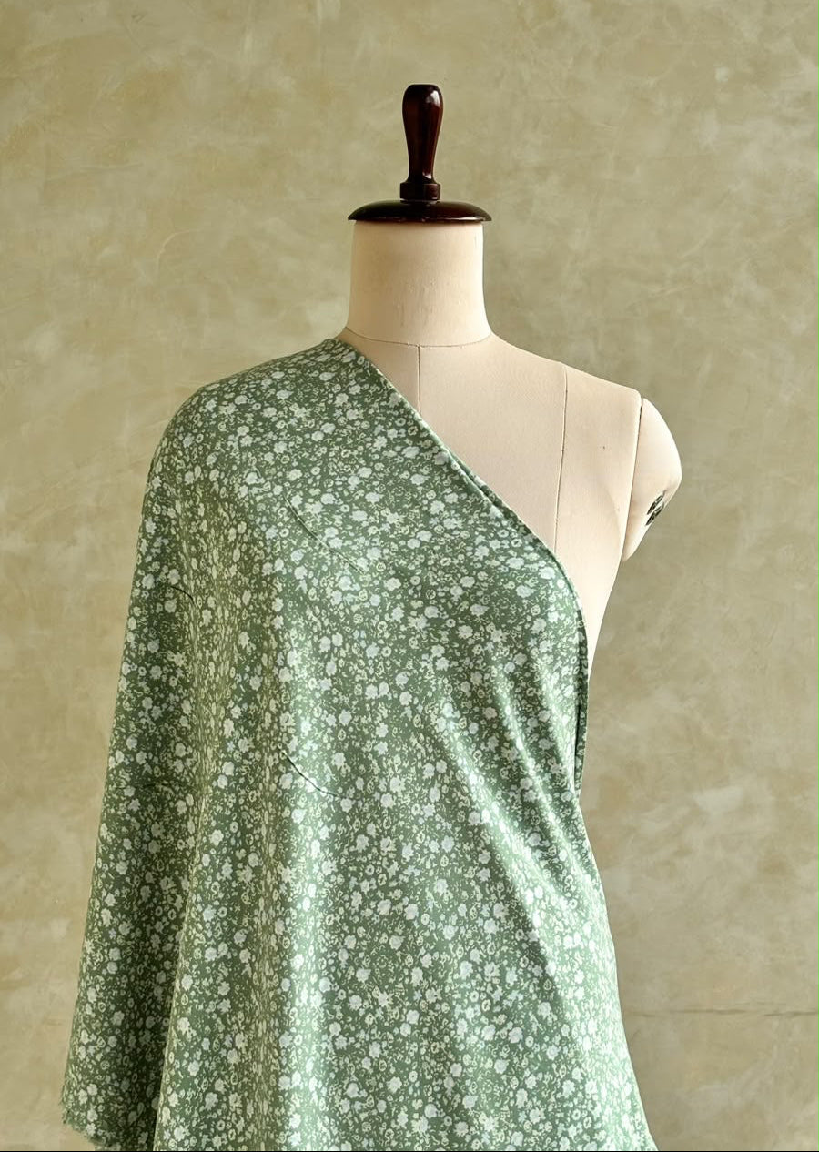SAGE GREEN AND WHITE RAYON FLORAL PRINTED FABRIC  