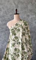 SOFT IVORY CREAM RAYON WITH OLIVE FLORAL PRINTED FABRIC