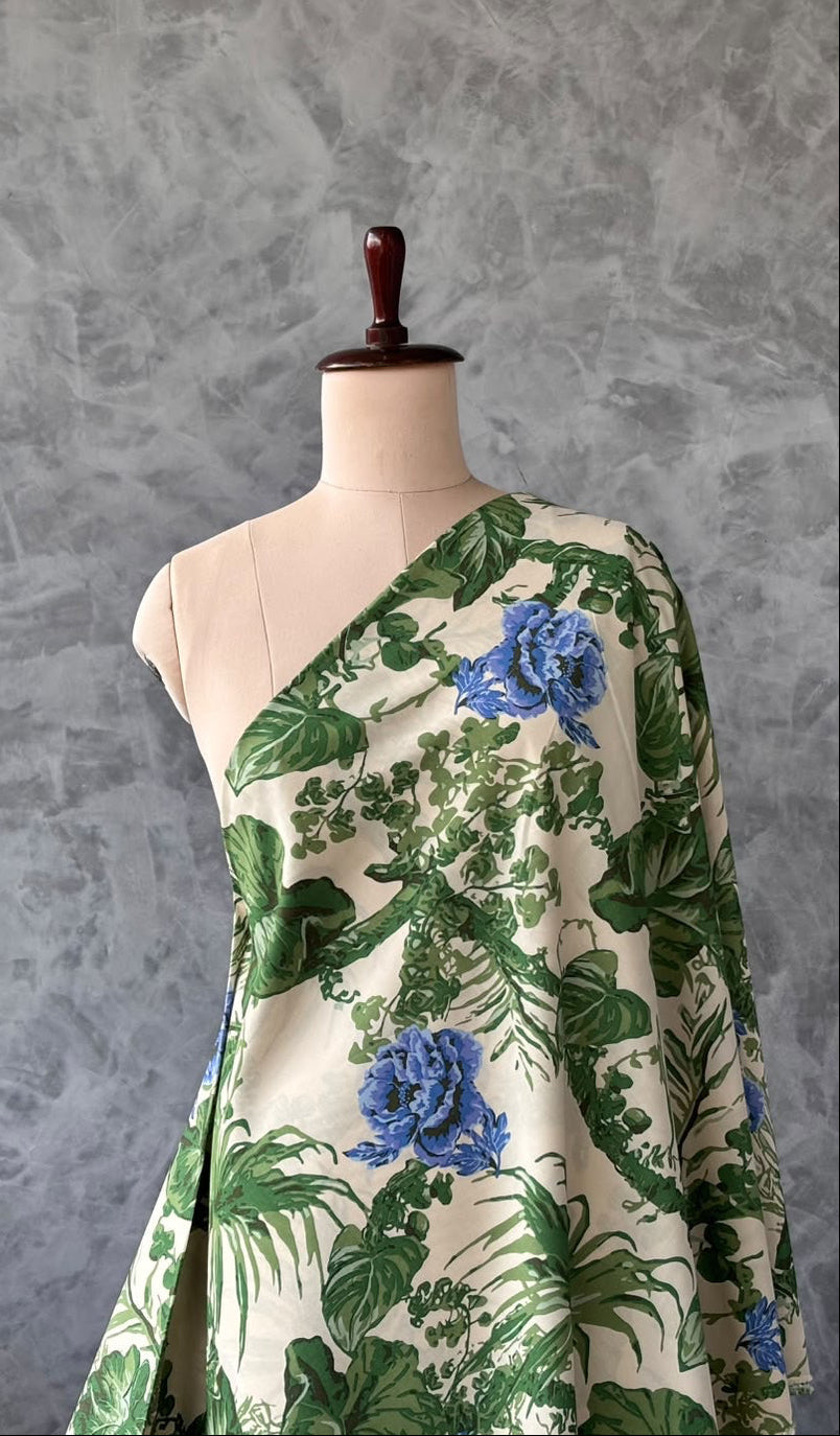 CREAM AND FOREST GREEN RAYON COTTON FLORAL PRINTED FABRIC 