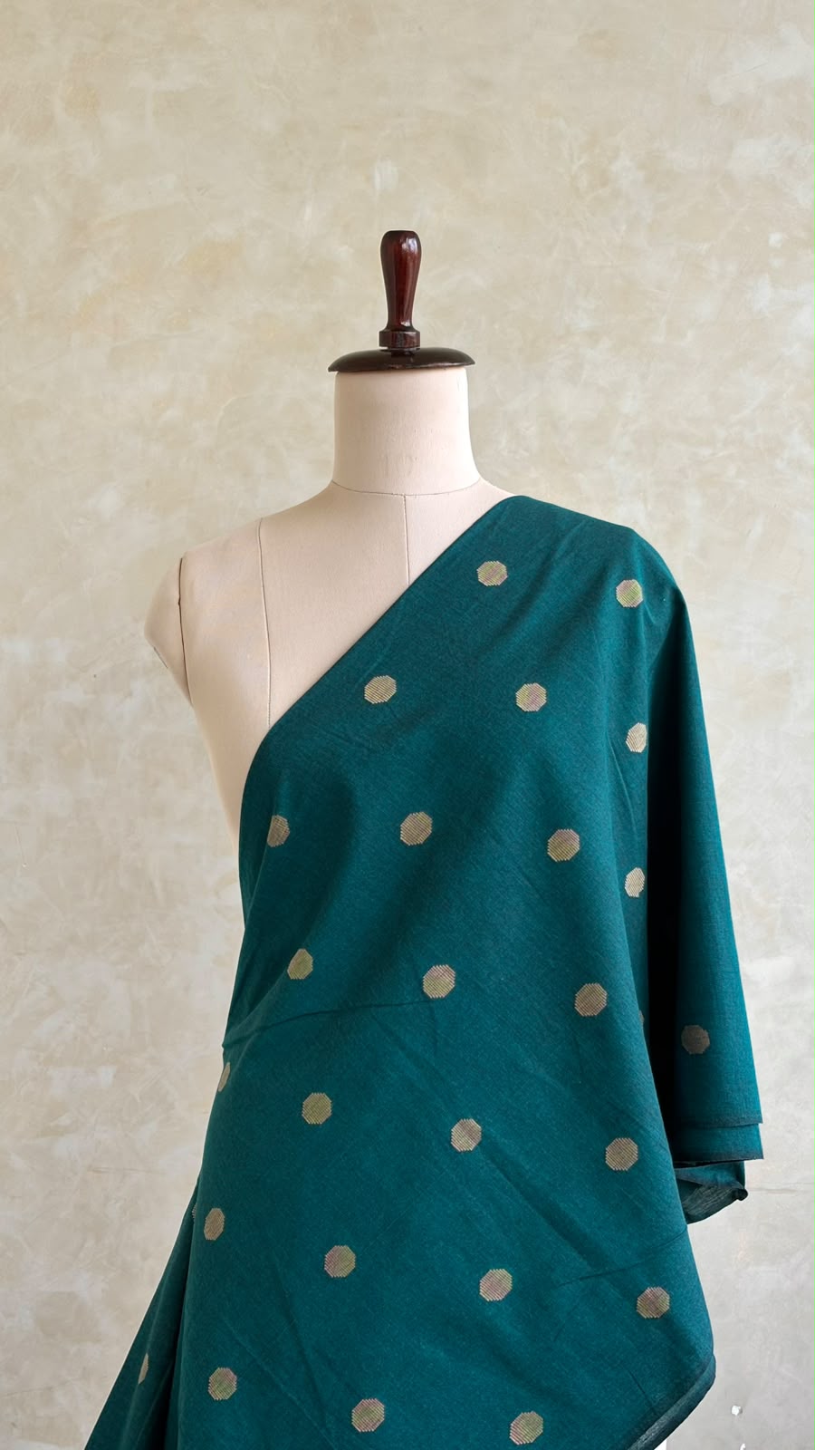 TEAL BLUE COTTON AND GOLDEN  HANDLOOM POLKA FABRIC