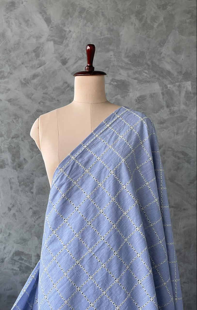 LIGHT LAVENDER BLUE COTTON HAKOBA EMBROIDERED FABRIC