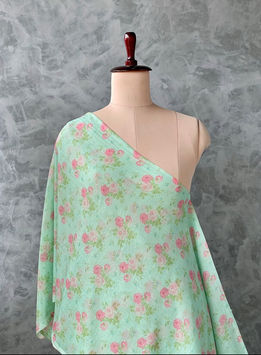 BANARASI SILK CHANDERI FLORAL PRINTED FABRIC
