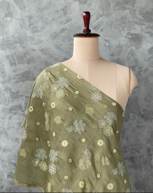EMBROIDRED CHANDERI FLORAL FABRIC