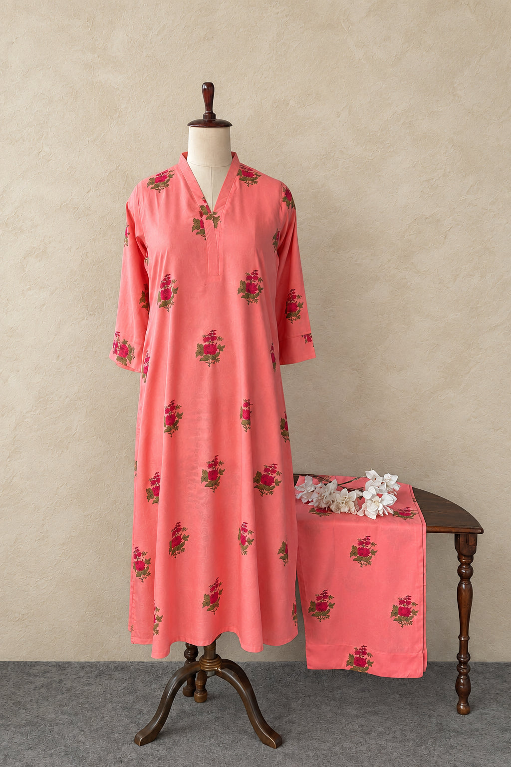 PEACH RAYON FLORAL PRINTED CO-ORDSET DNO:873