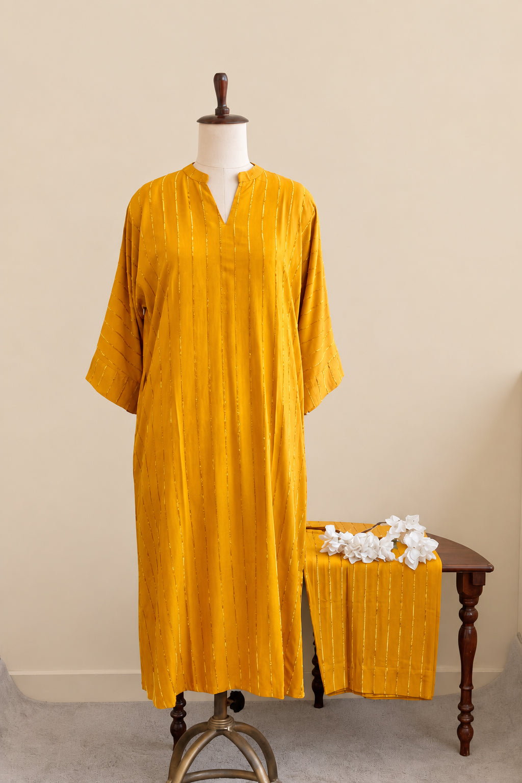 MUSTARD YELLOW RAYON COTTON  WITH VELVET STRIPES KAFTAN CO-ORDSET DNO:910