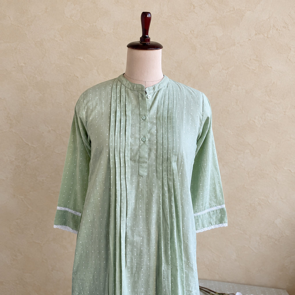pastal sage green cotton polka dots with lace worked co-ordset