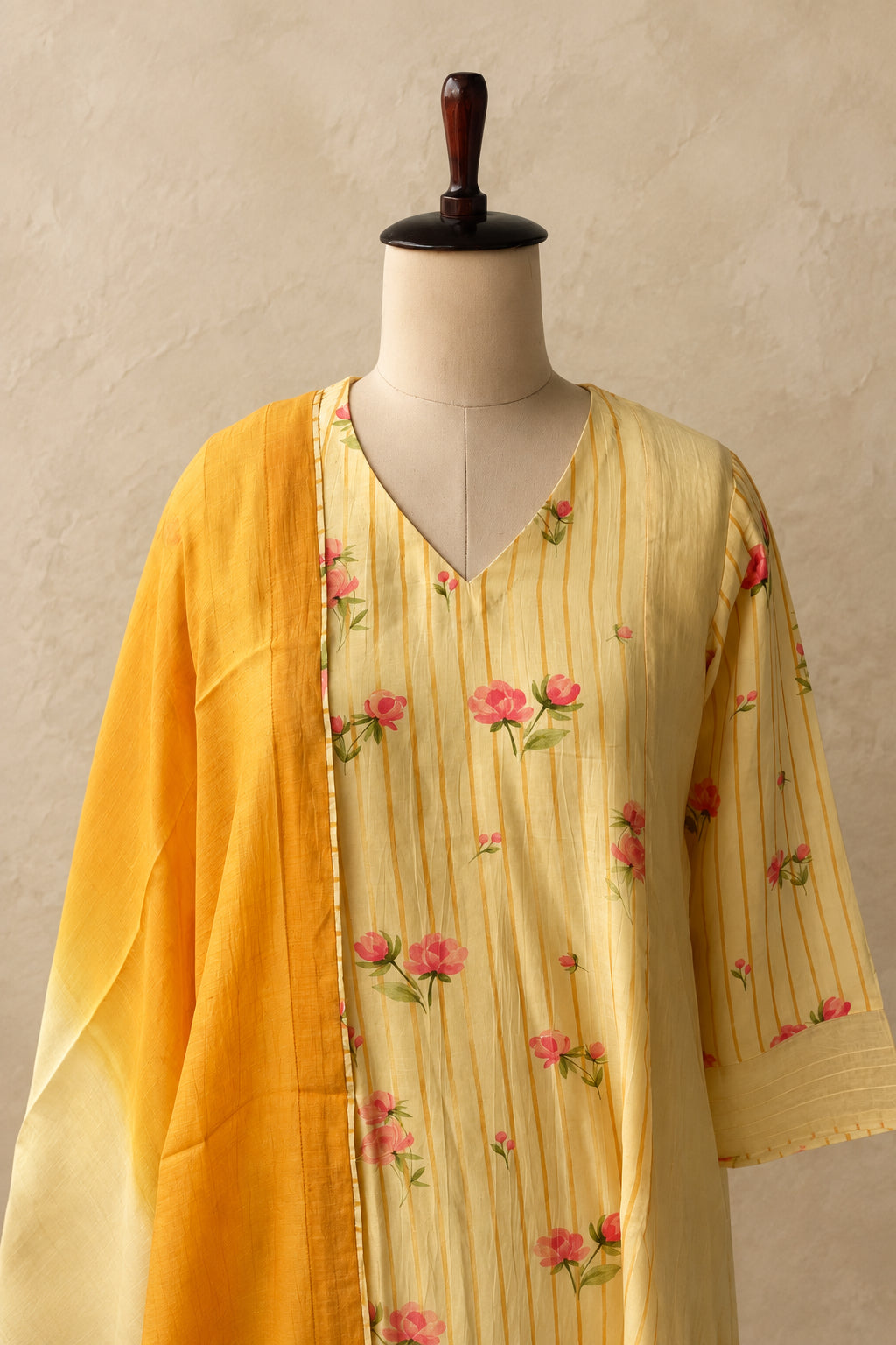 CHANDERI FLORAL PRINTED WITH STRIPES SALWAR AND DOUBLE SHADE DUPATTA SET #MRKI