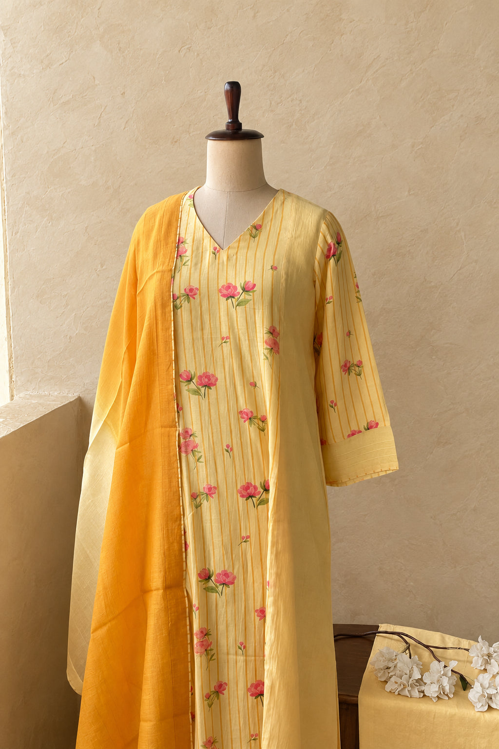 CHANDERI FLORAL PRINTED WITH STRIPES SALWAR AND DOUBLE SHADE DUPATTA SET #MRKI