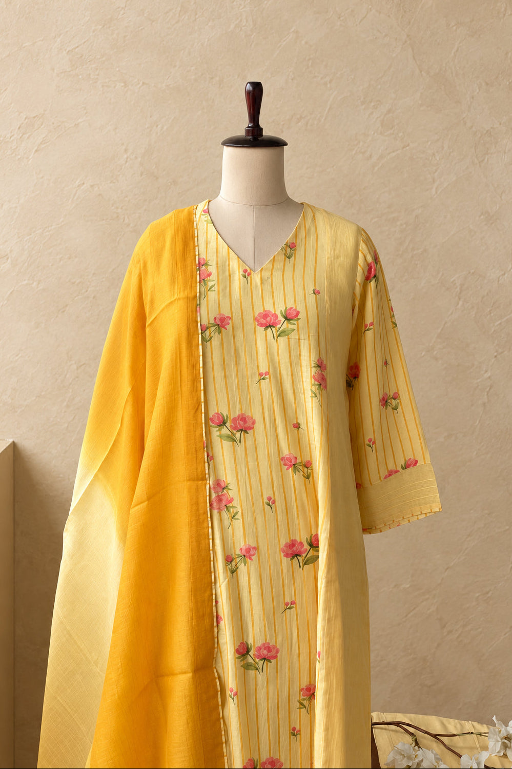 A yellow and gold printed kurta with pink floral embroidery, displayed on a mannequin with a matching yellow dupatta against a textured gray wall.