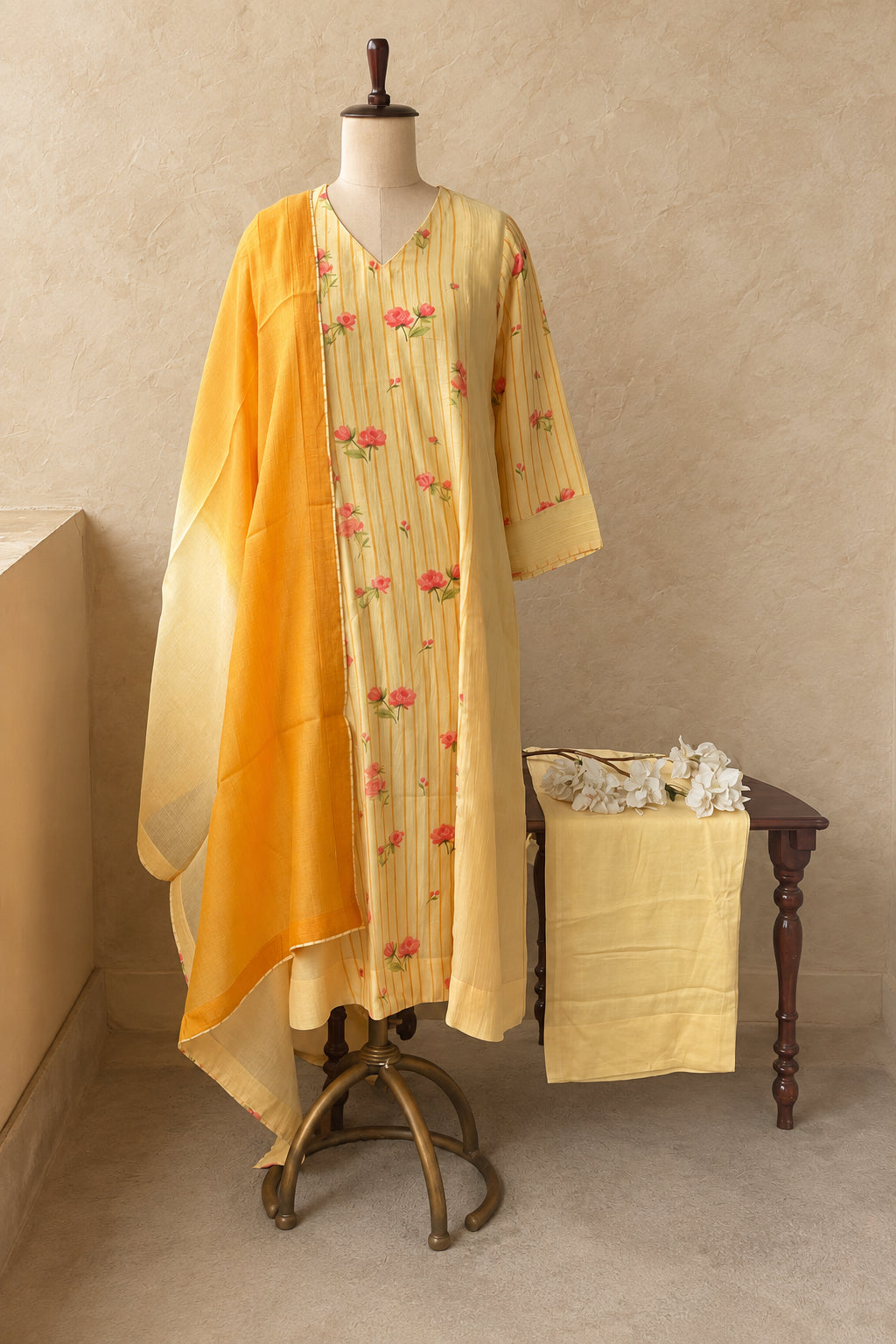 CHANDERI FLORAL PRINTED WITH STRIPES SALWAR AND DOUBLE SHADE DUPATTA SET #MRKI
