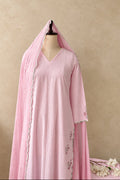 A light pink traditional tunic dress displayed on a mannequin, featuring a matching sheer pink dupatta draped over the shoulders with scalloped edges and subtle floral embroidery on the sleeve.
