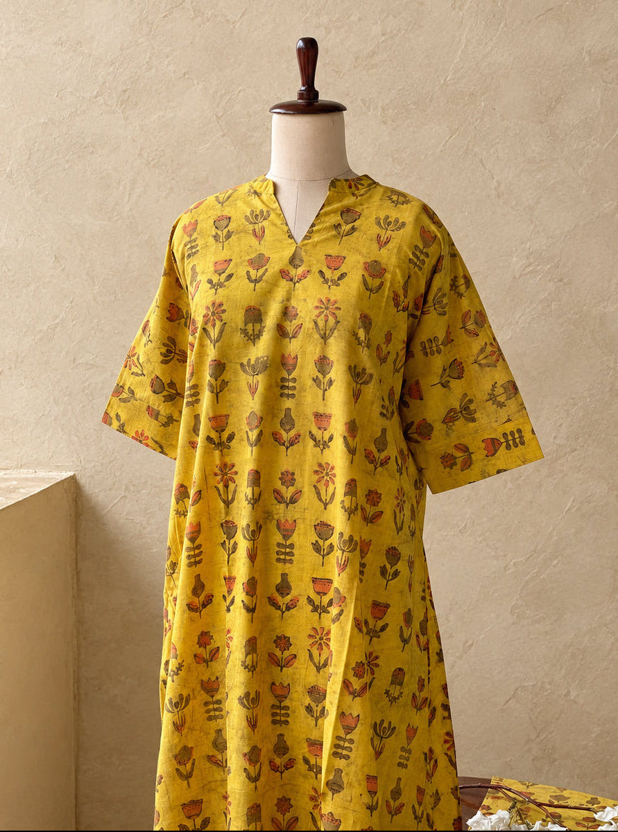 musted yellow bargu print kaftan co-ordset 