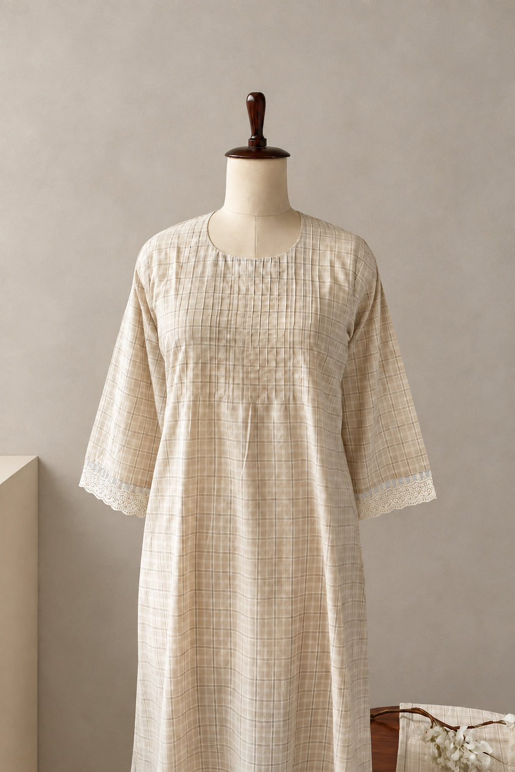 south cotton checks co ordset with smocking analysing beige color