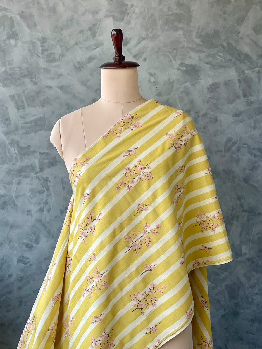 flax cotton yellow and cream stripes with floral digital 