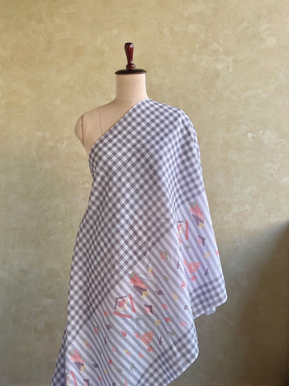 grey checks jamdani digital print jute cotton fabric