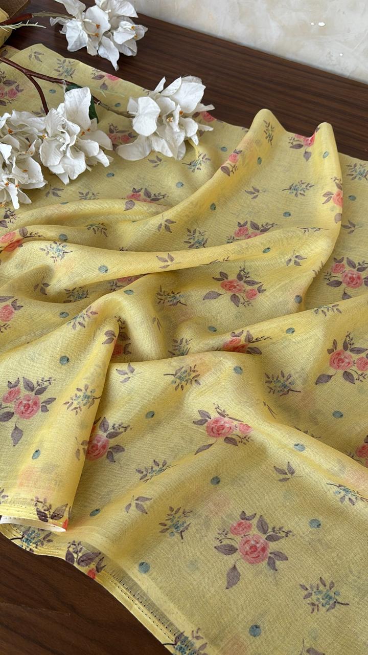 PALE YELLOW BANARASI SILK CHANDERI FLORAL PRINTED  FABRIC B-CH001