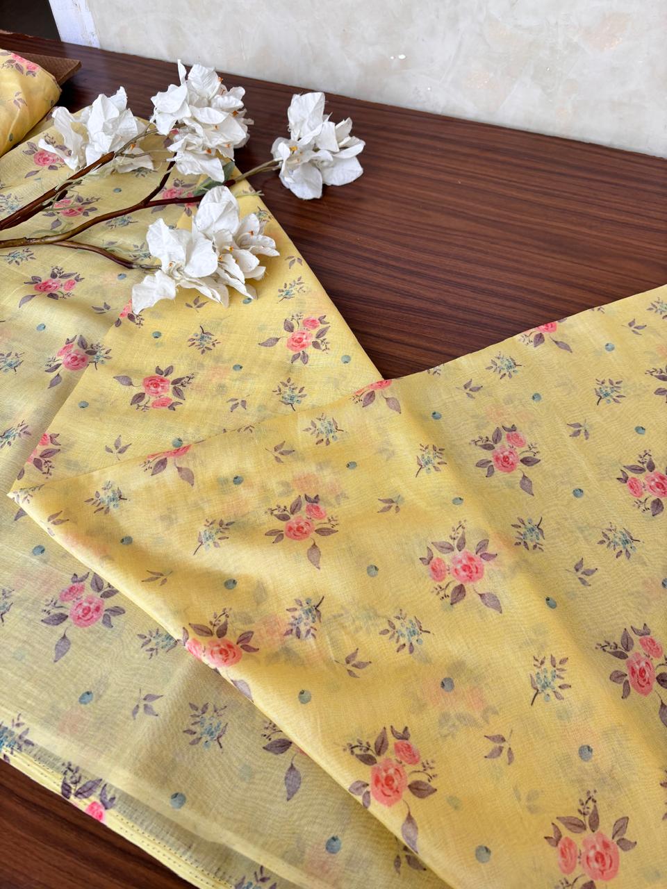 PALE YELLOW BANARASI SILK CHANDERI FLORAL PRINTED  FABRIC B-CH001