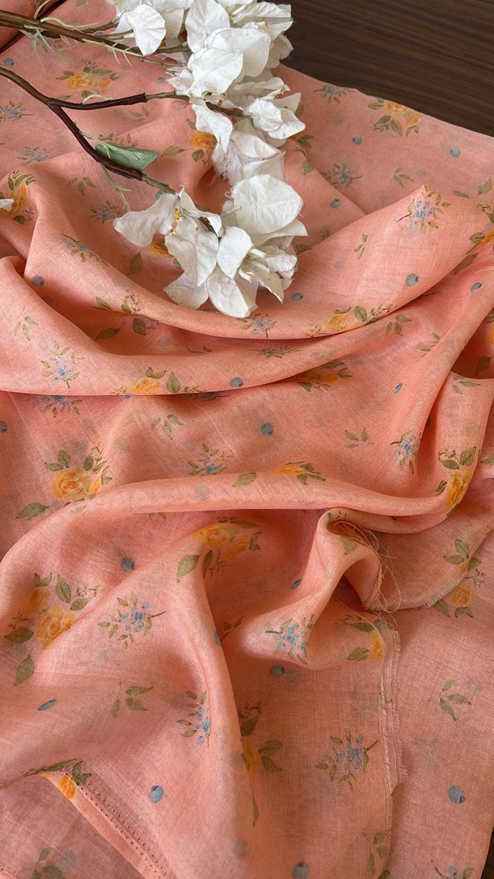 LIGHT SALMON BANARASI SILK CHANDERI FLORAL PRINTED FABRIC C-CH002