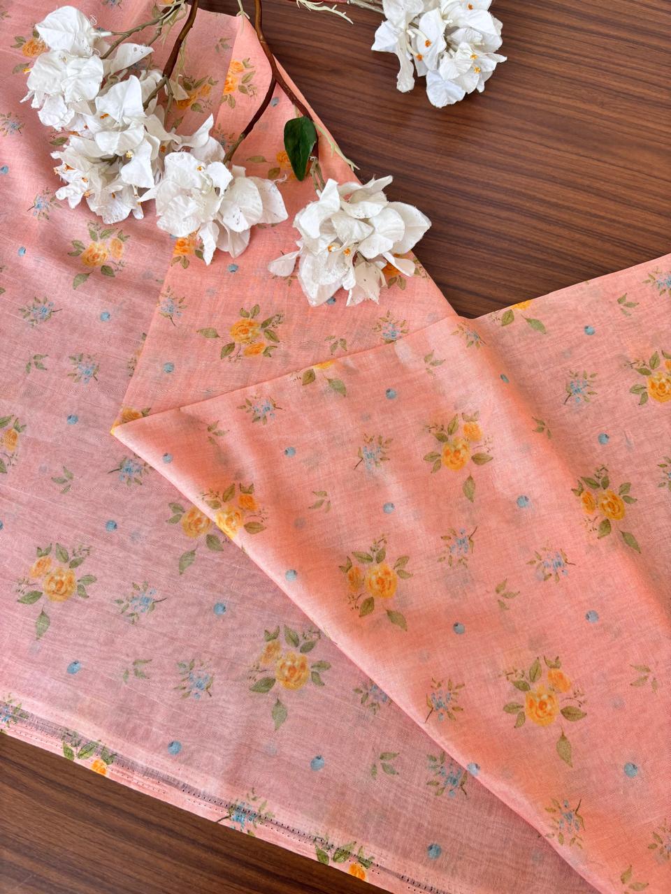 LIGHT SALMON BANARASI SILK CHANDERI FLORAL PRINTED FABRIC C-CH002