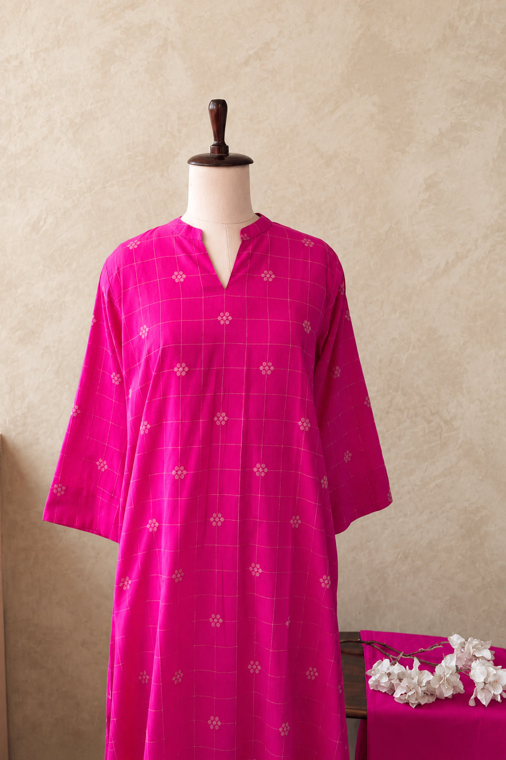 MAGENTA PINK HANDLOOM COTTON CHECKS WITH FLORAL PRINT CO-ORDSET