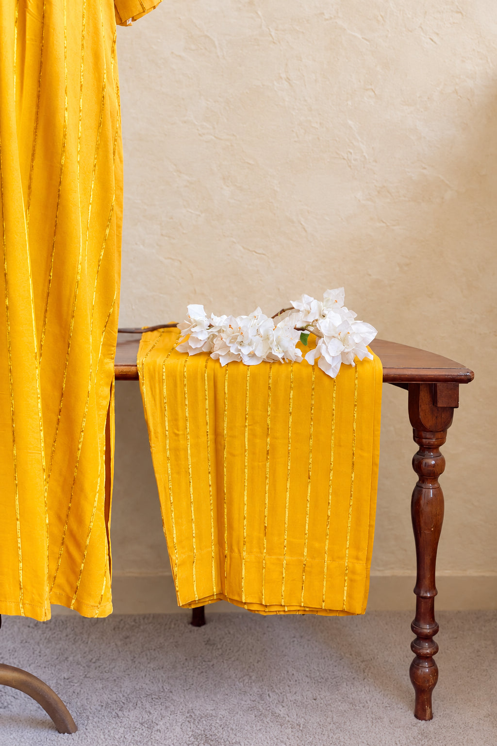 MUSTARD YELLOW RAYON COTTON  WITH VELVET STRIPES KAFTAN CO-ORDSET DNO:910