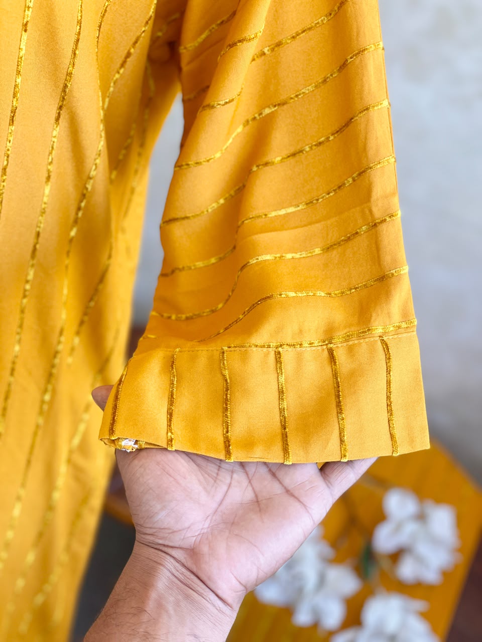 MUSTARD YELLOW RAYON COTTON  WITH VELVET STRIPES KAFTAN CO-ORDSET DNO:910